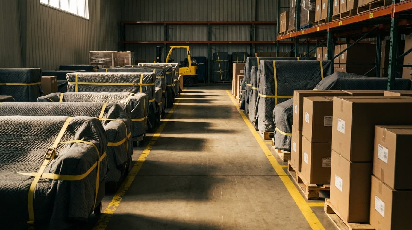Lager mit in Decken verpackten Möbeln und gestapelten Kartons