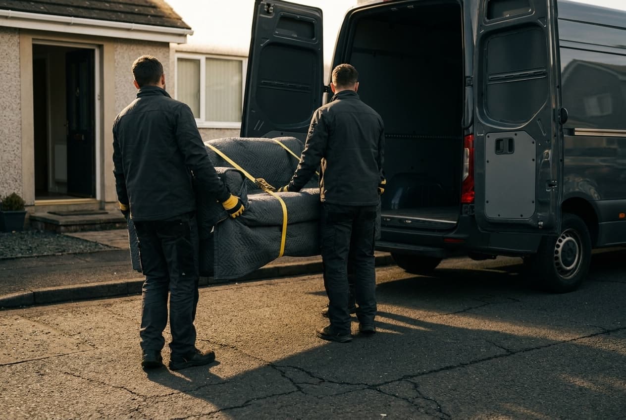 Zwei Träger bringen ein eingepacktes Sofa zum Transporter
